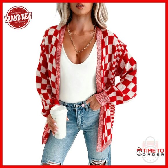 Sweaters - Chunky Knit Cardigan Open Front Plaid Sweater Fall Casual Outwear